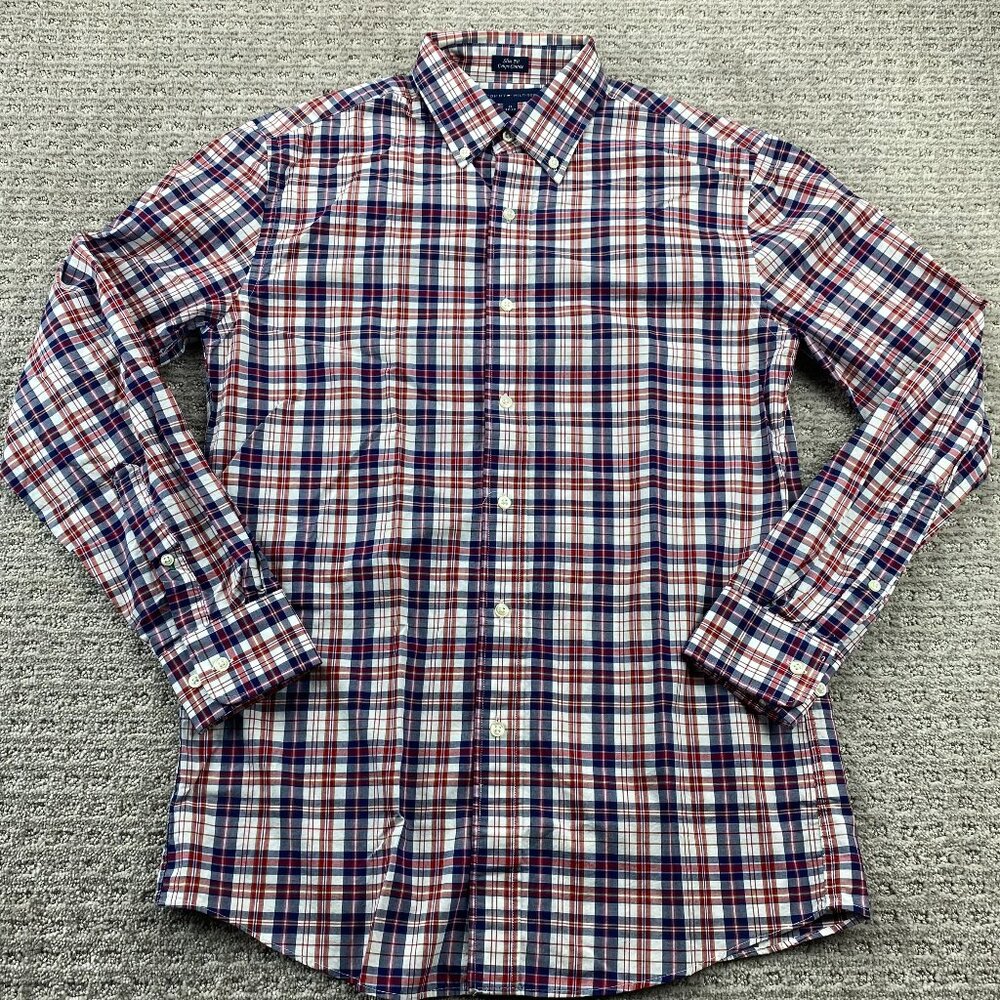 Tommy Hilfiger Shirt Men Size 15 32-33 Slim Fit Blue Red White Plaid Button Down